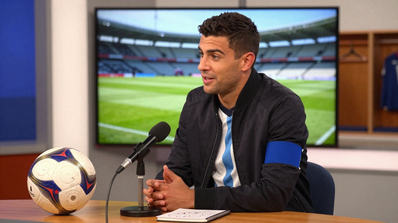 Homem com braçadeira azul numa entrevista em estúdio, com bola de futebol e ecrã de estádio ao fundo.