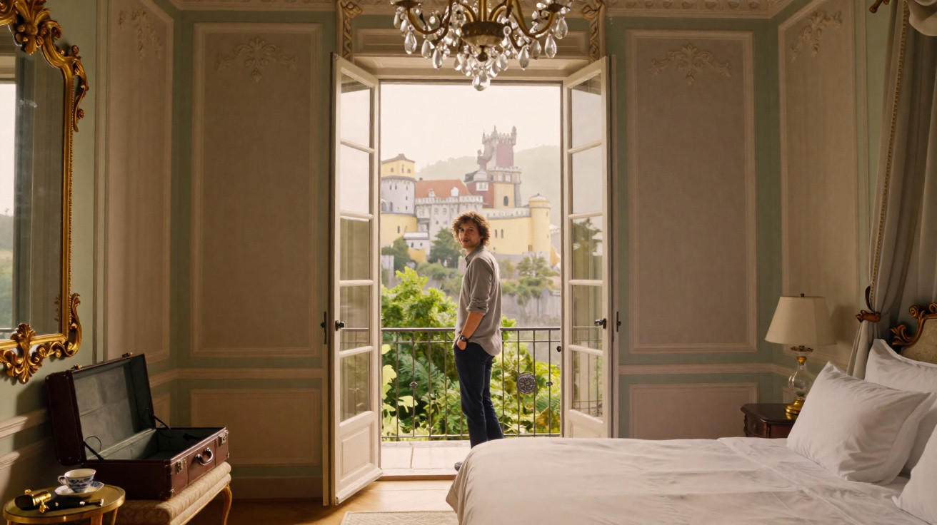 Homem na varanda de quarto clássico com vista para o Palácio da Pena em Sintra, Portugal.