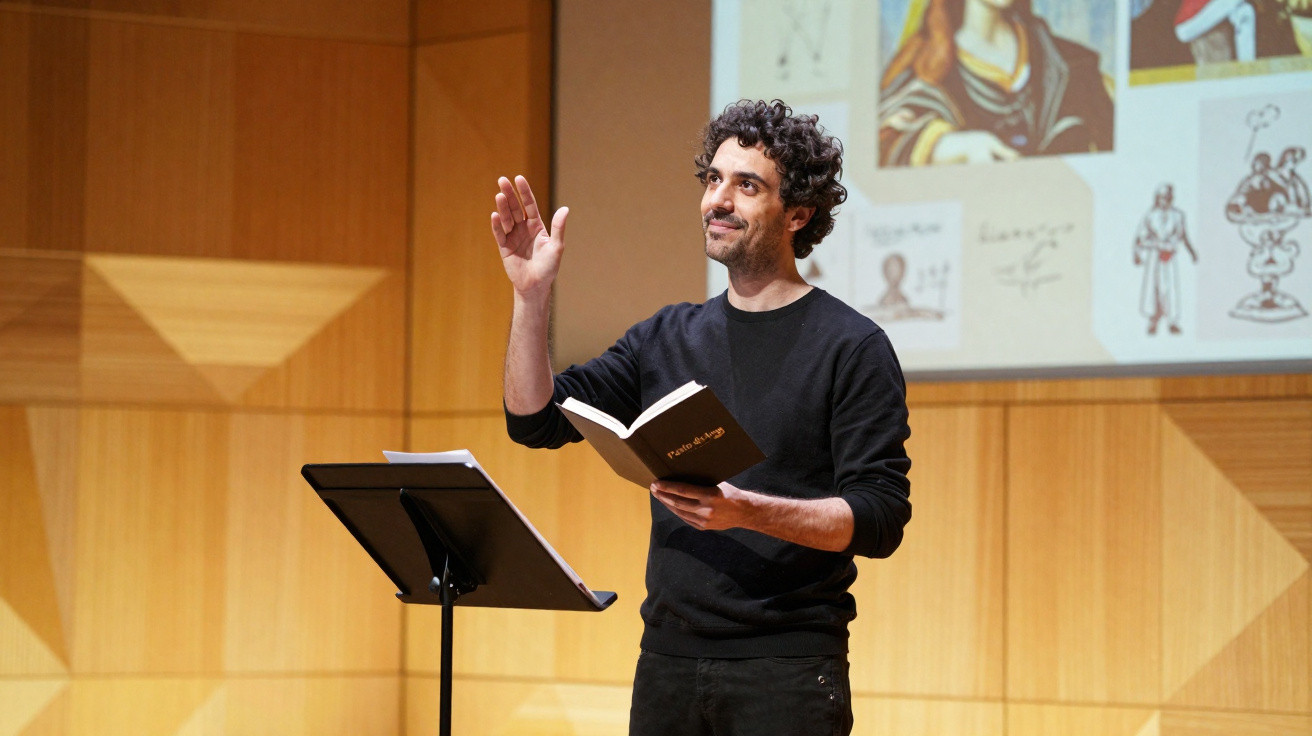 Homem com cabelo encaracolado apresenta leitura em palco com livro aberto e imagens projetadas ao fundo.