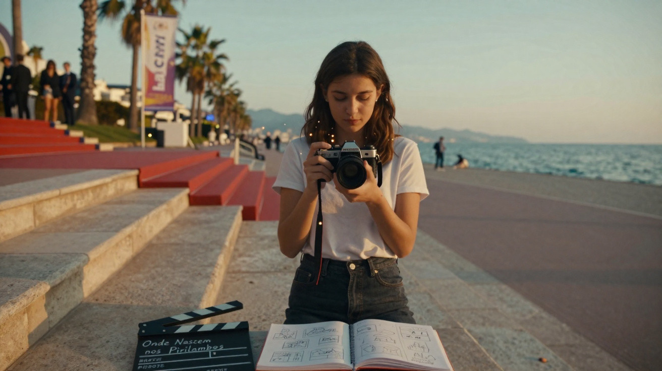 Rapaz concentrado a fotografar imagens de um roteiro de filmagem numa zona costeira ao entardecer.