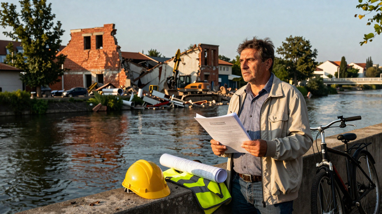 Homem com documentos junto a rio observa prédio destruído e equipamento de construção numa tarde ensolarada.