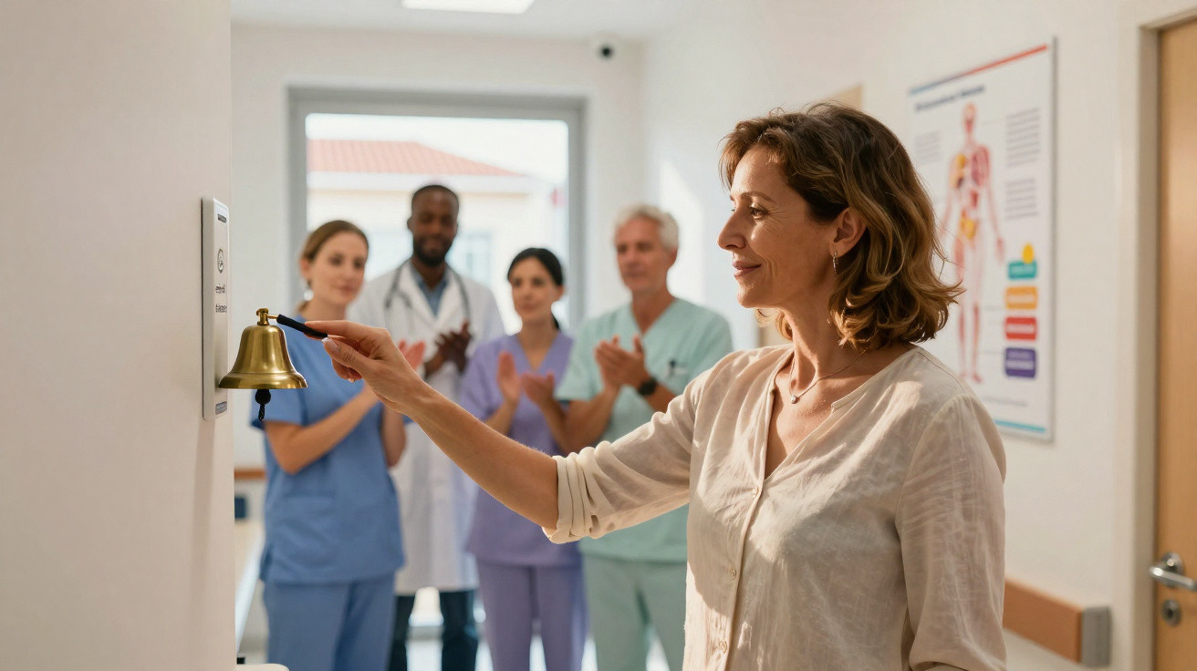 Mulher a tocar campainha celebrando recuperação enquanto profissionais de saúde aplaudem num hospital.