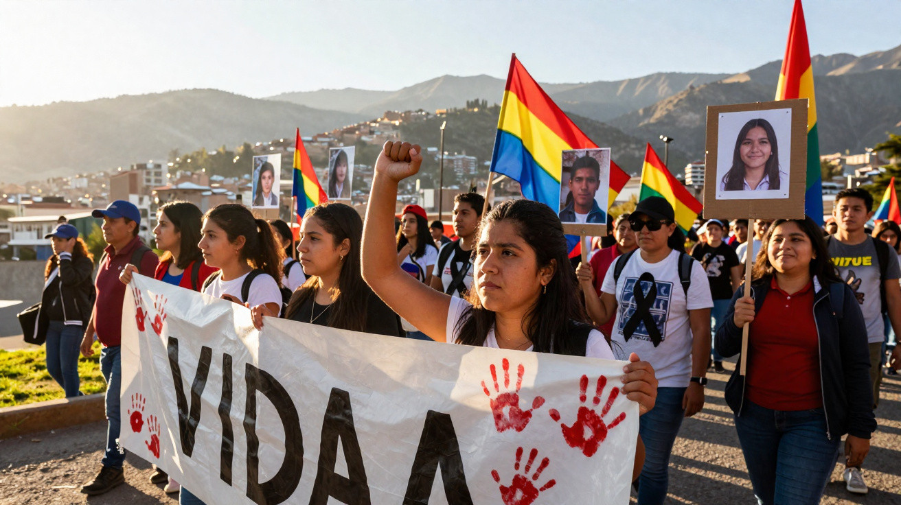 Jovens numa manifestação seguram cartazes com fotos, bandeiras e um pano com a palavra "VIDA" e mãos pintadas.
