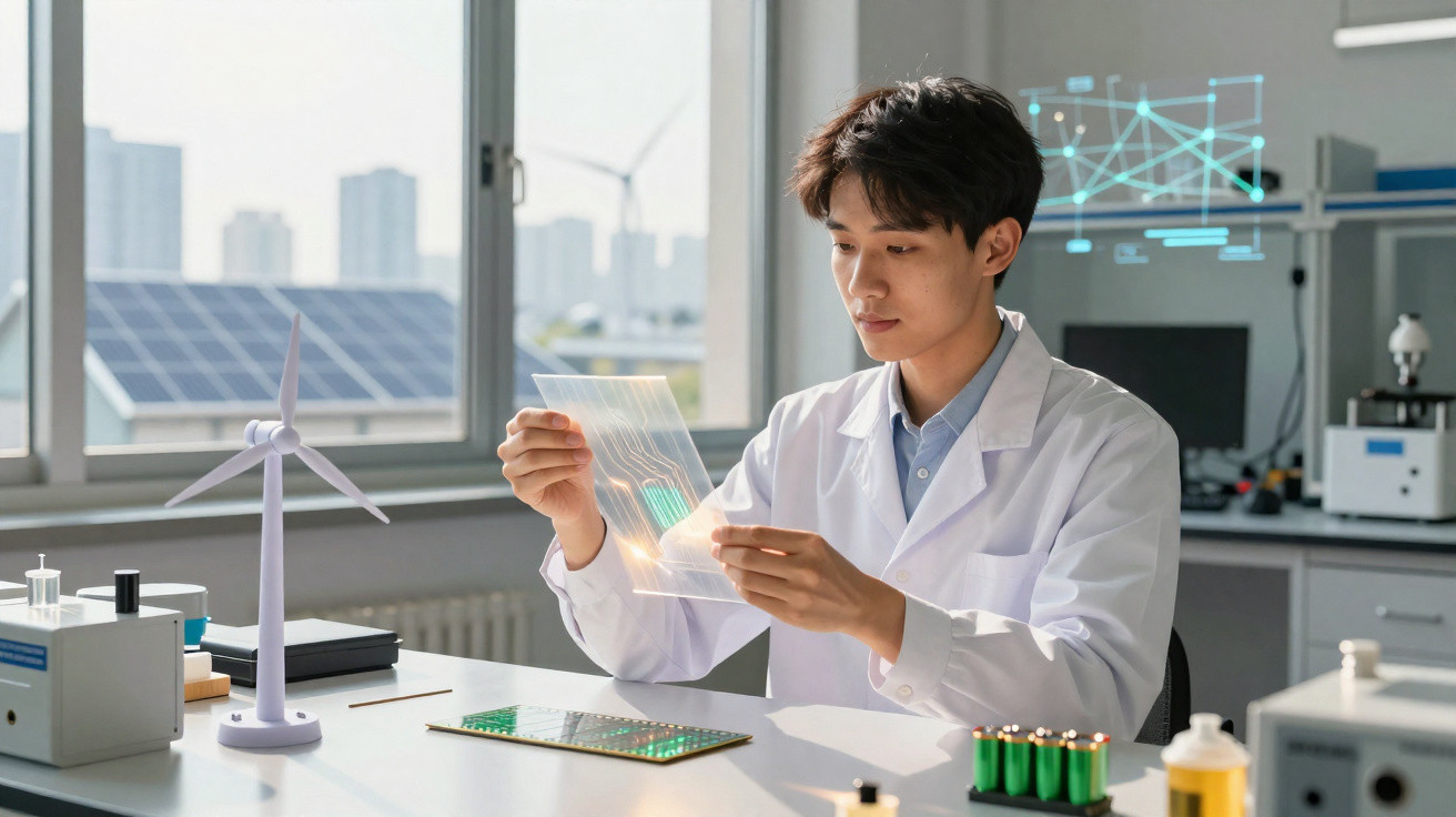 Homem em bata branca analisa painel solar transparente num laboratório com modelos de energia sustentável.