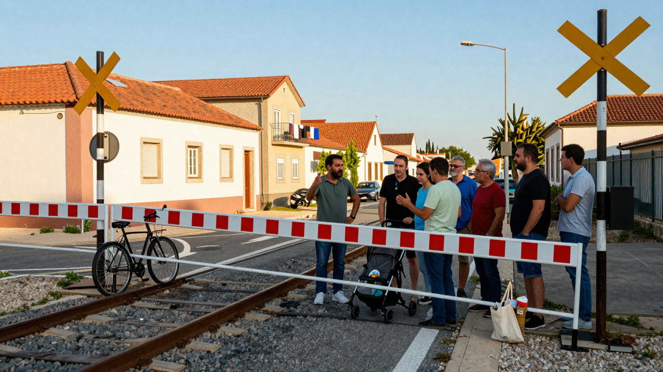 Grupo de pessoas à conversa junto a passagem de nível ferroviária encerrada numa zona residencial.