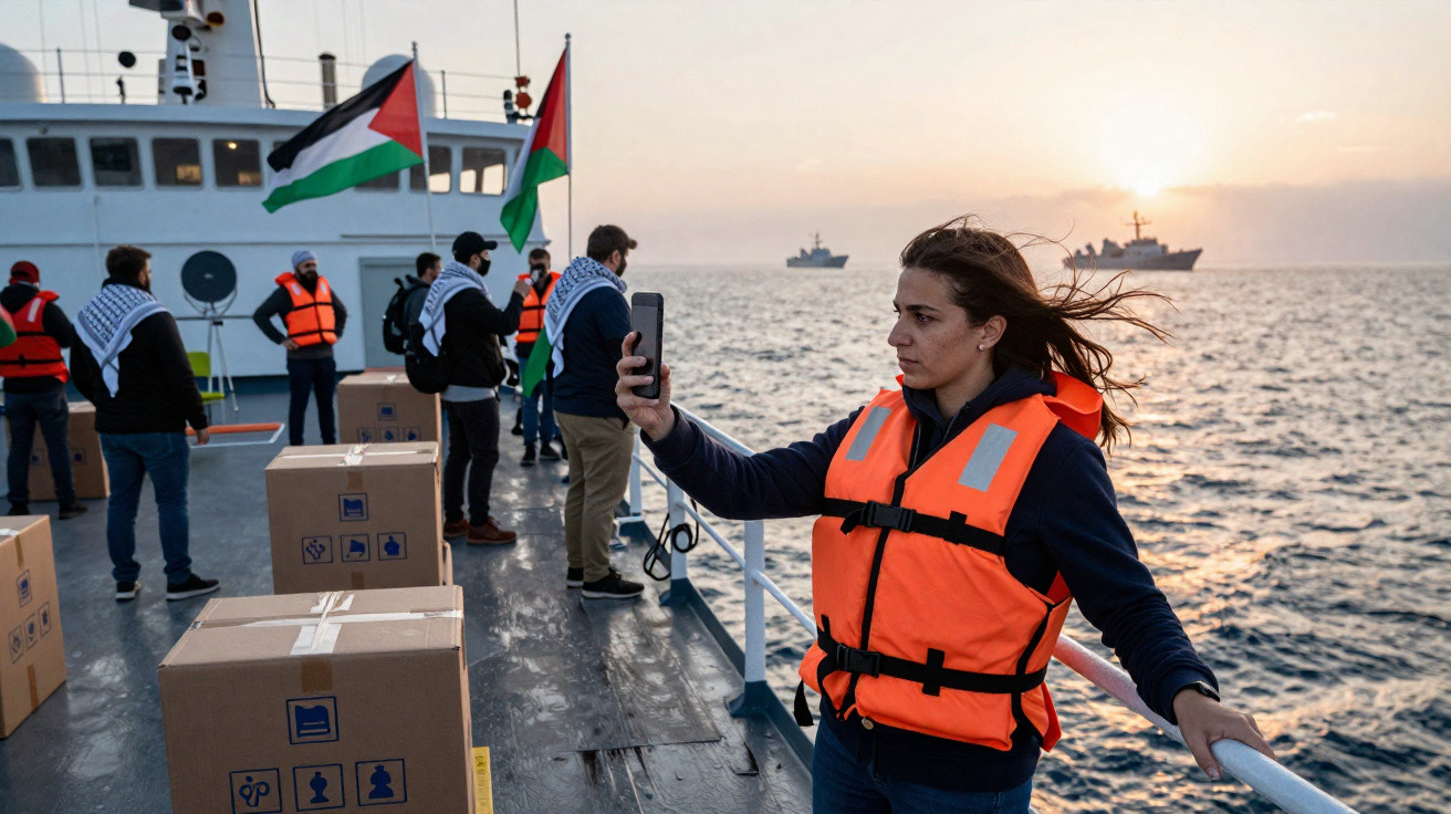 Pessoa com colete salva-vidas tira foto num barco ao pôr do sol, com caixas e bandeiras palestinianas ao fundo.
