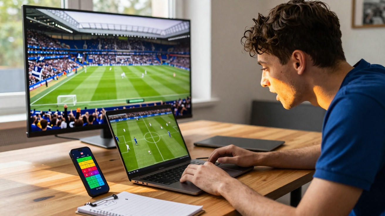 Homem a jogar videojogo de futebol num portátil com TV e smartphone na mesa.
