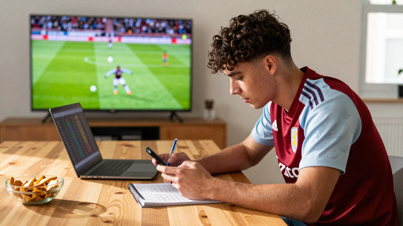 Jovem sentado a estudar com laptop aberto e televisão a transmitir jogo de futebol ao fundo.