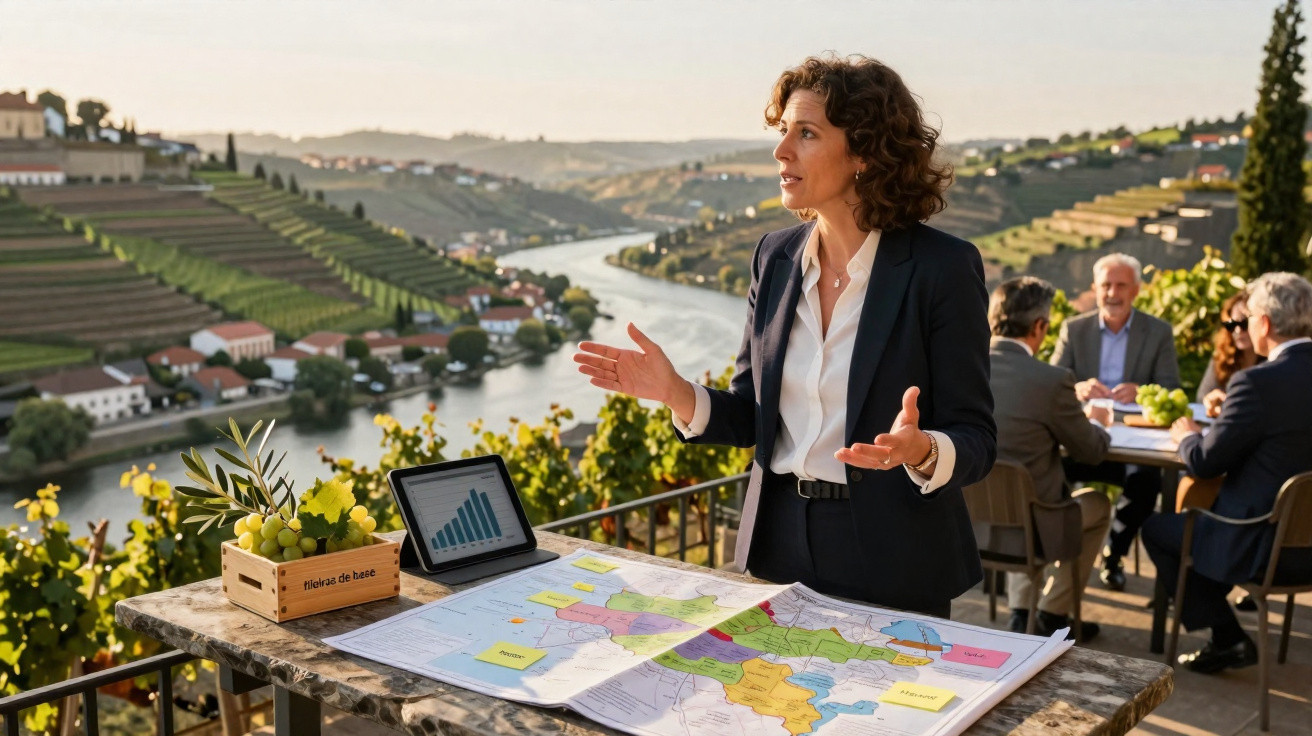 Mulher a apresentar mapas e gráficos numa mesa ao ar livre com paisagem de vinhas e rio ao fundo.