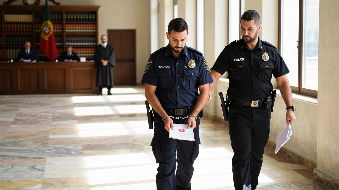 Dois polícias escoltando um homem algemado num tribunal, com juízes ao fundo.