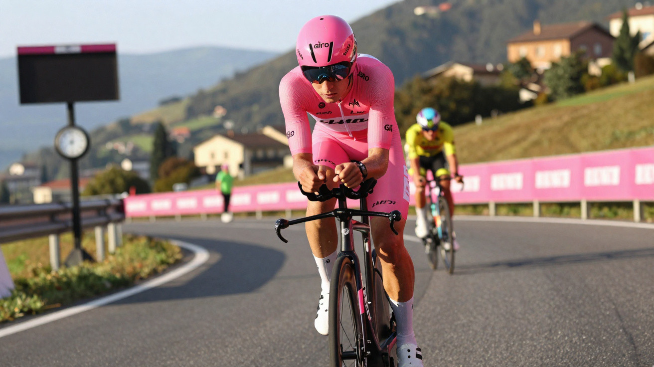 Ciclista vestido de rosa em competição de contrarrelógio em estrada com paisagem montanhosa ao fundo.