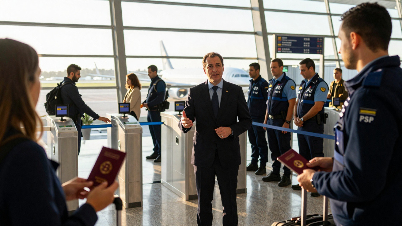 Homem de fato fala numa área de controlo de passaportes de aeroporto com polícia e passageiros à volta.