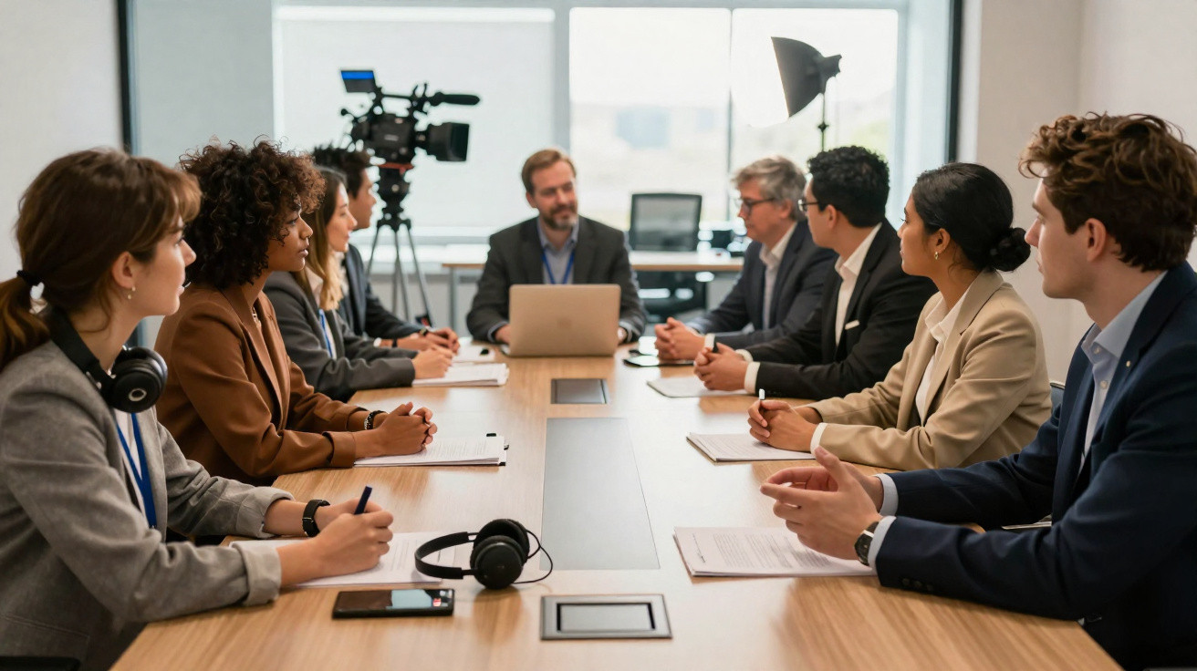 Reunião de negócios com oito pessoas sentadas em torno de uma mesa de conferência, discutindo projetos.