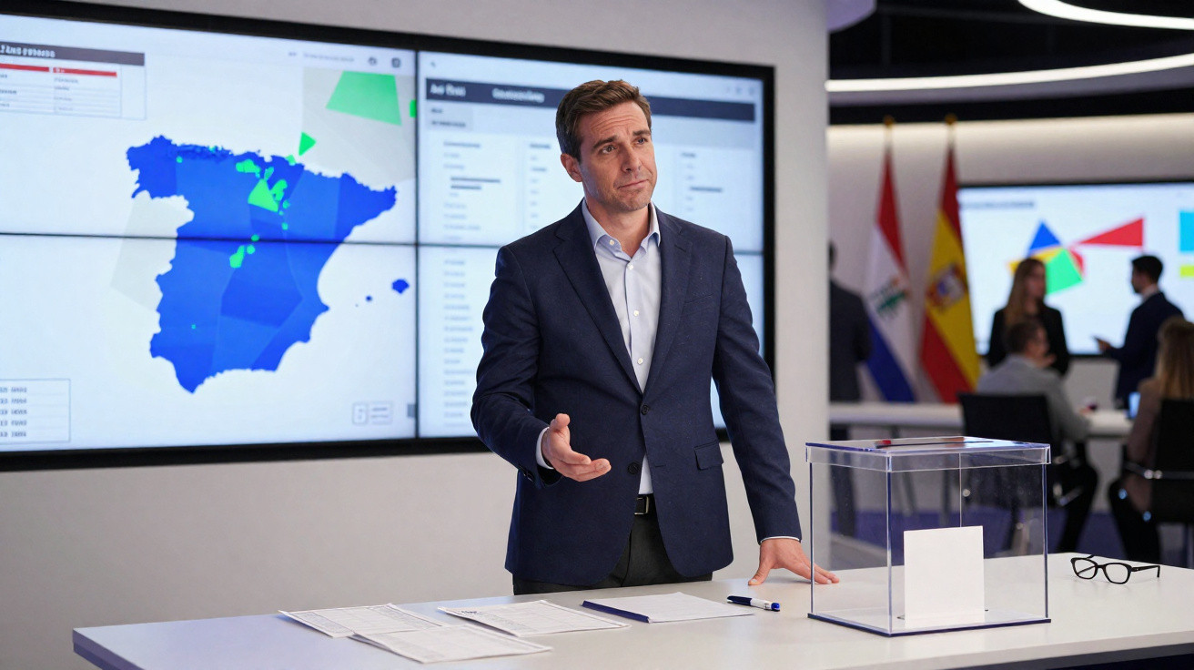 Homem de fato azul diante de urna transparente com mapa de Espanha em ecrã digital atrás.
