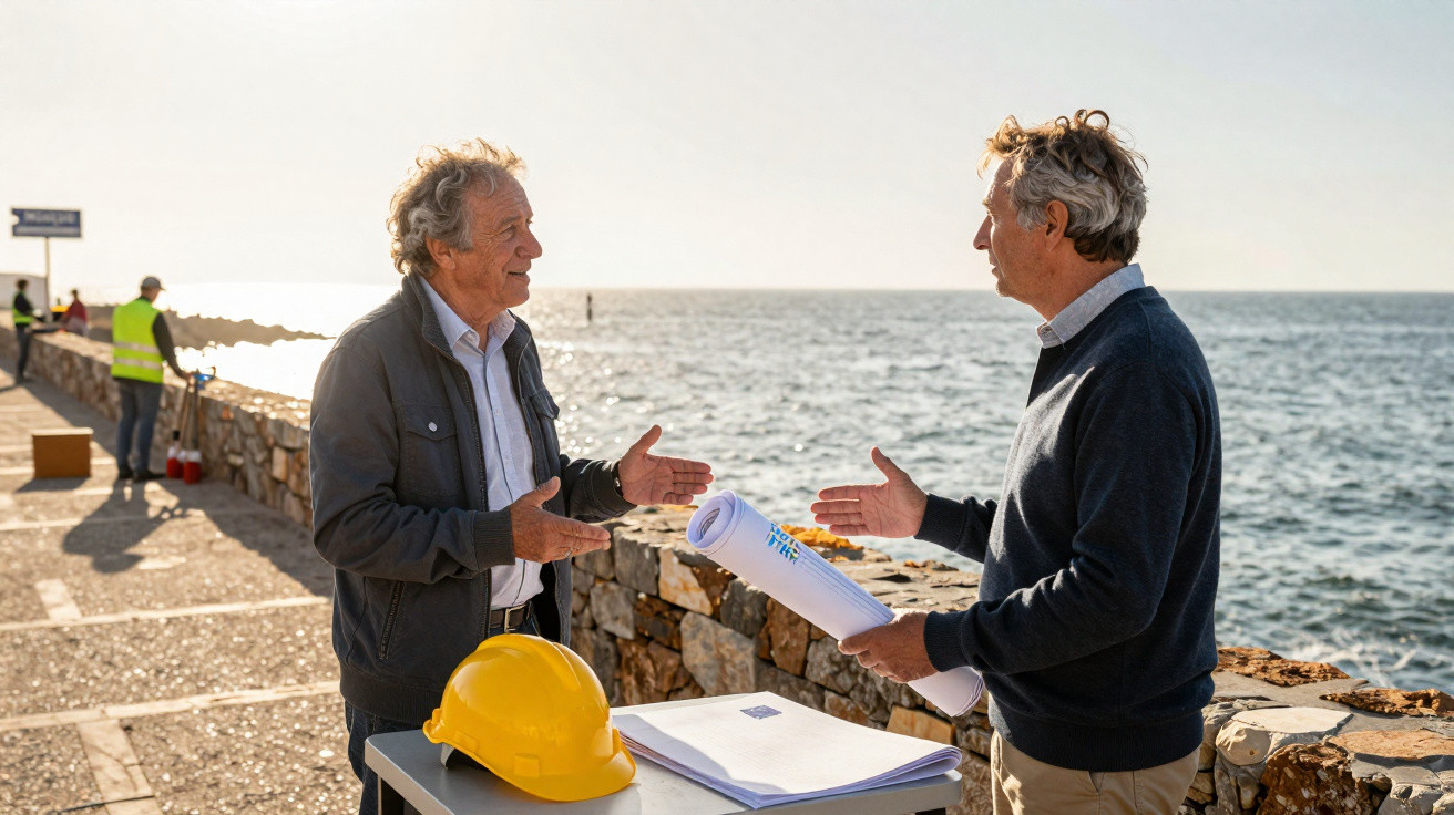 Dois homens conversam numa obra à beira-mar com capacete amarelo e documentos sobre uma mesa.