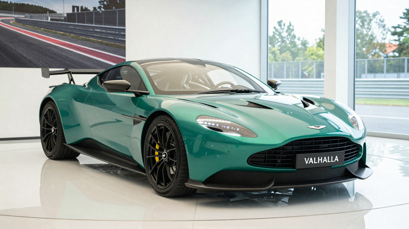 Carro desportivo Aston Martin verde metálico modelo Valhalla em exposição num salão moderno.