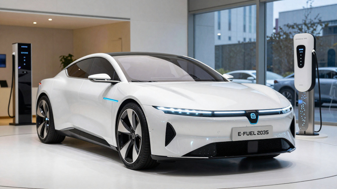 Carro elétrico branco futurista E-Fuel 2035 numa exposição com pontos de carregamento ao fundo.