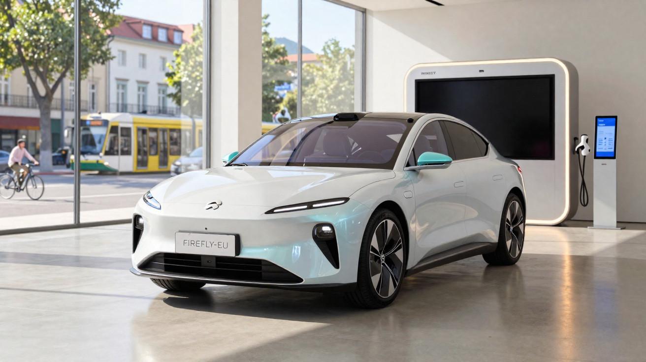 Carro elétrico branco estacionado numa sala moderna com carregador eléctrico e janelas grandes.
