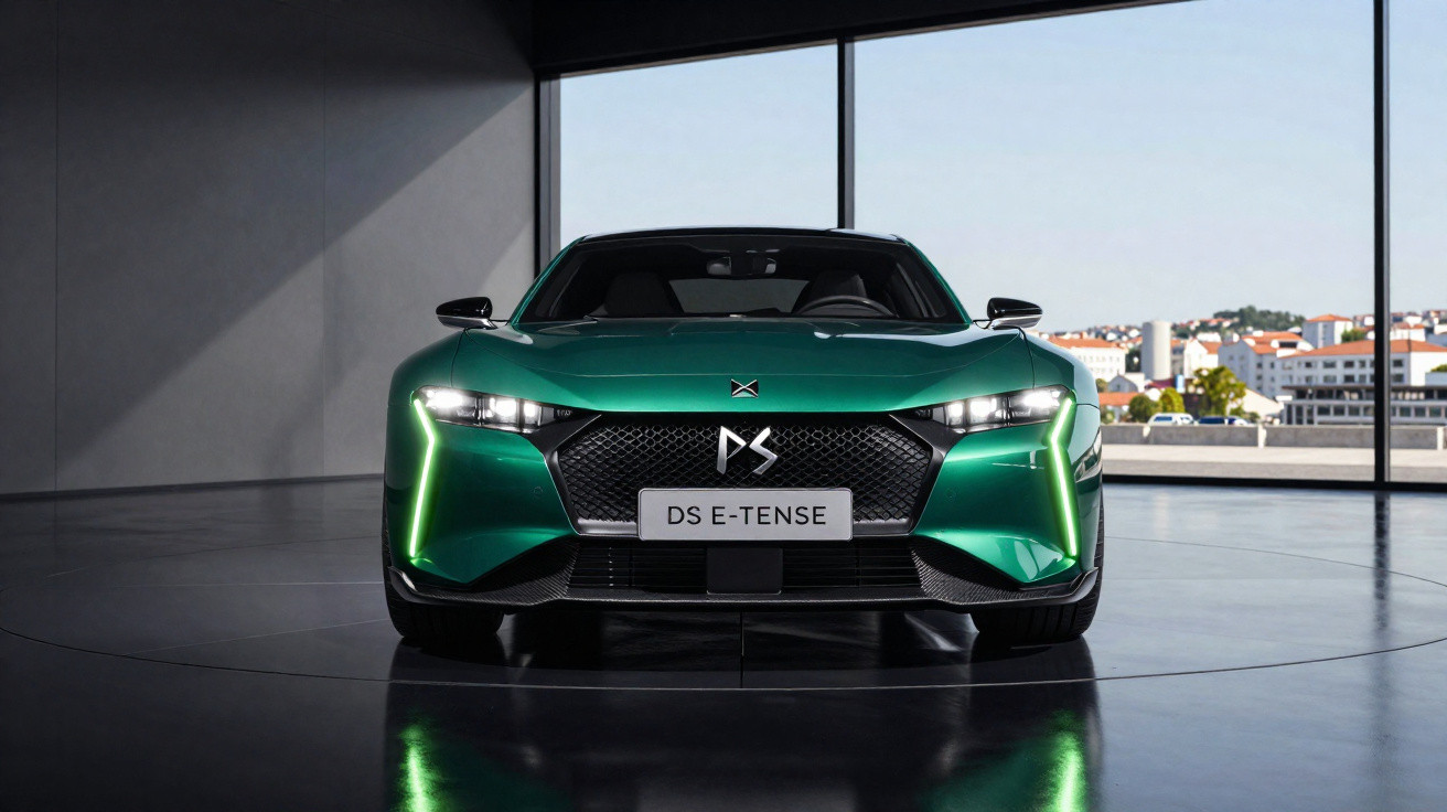 Carro elétrico DS E-Tense verde metálico visto de frente numa sala com janelas grandes.