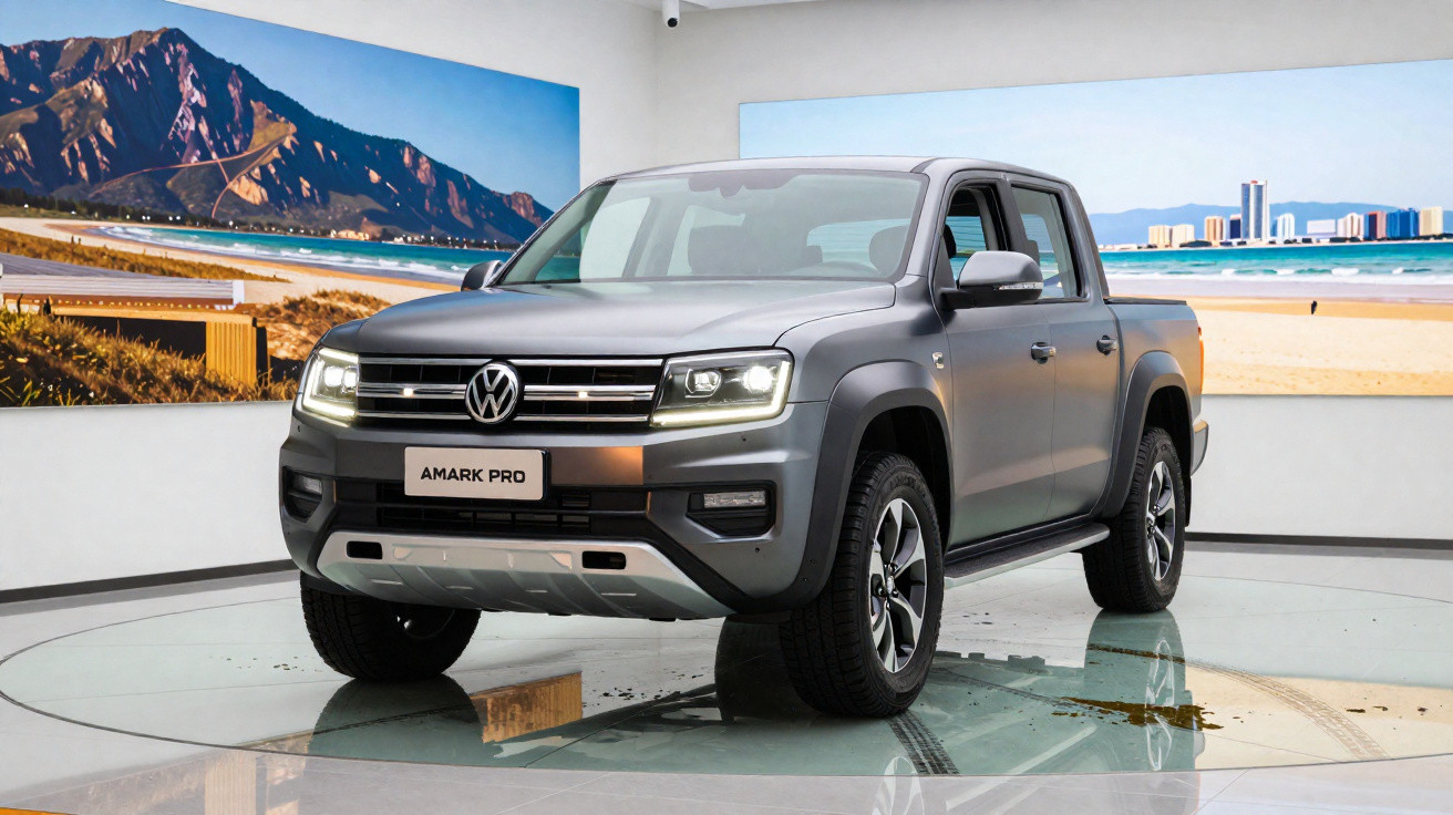 Pick-up Volkswagen Amarok Pro cinzenta exposta numa sala de exposição com fotografias de paisagens na parede.