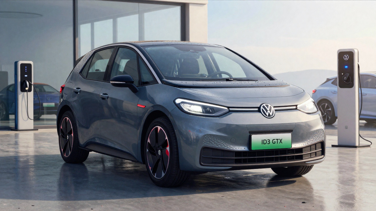 Carro elétrico Volkswagen ID3 GTX cinza ligado a carregador numa área urbana moderna.