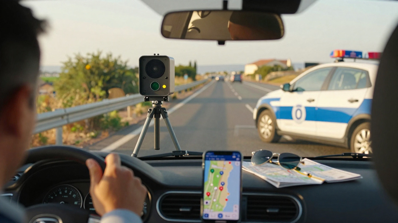 Interior de um carro com radar na frente, condutor e viatura da polícia num acidente na estrada.