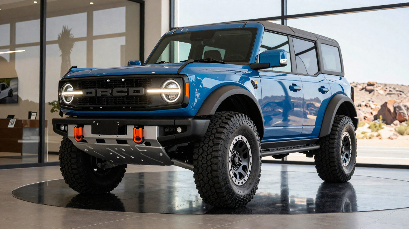 Carro SUV azul Ford Bronco 4x4 com pneus todo-o-terreno exibido em sala moderna com janelas amplas.