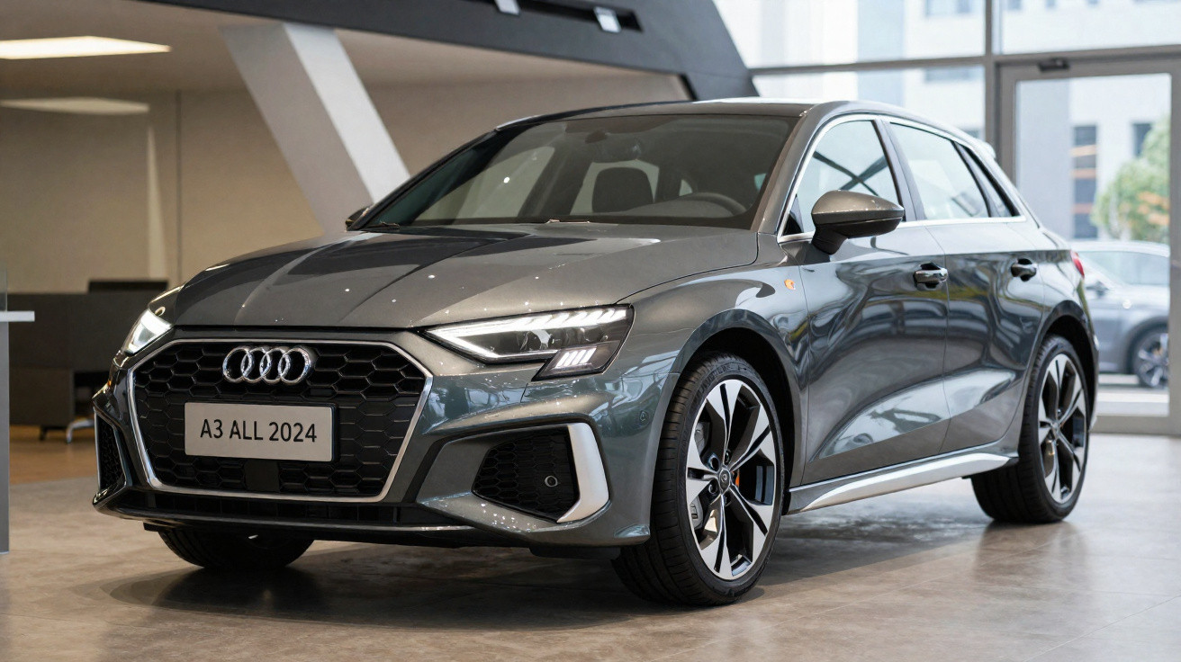 Automóvel Audi A3 All 2024 cinzento exposto em salão de automóveis moderno.