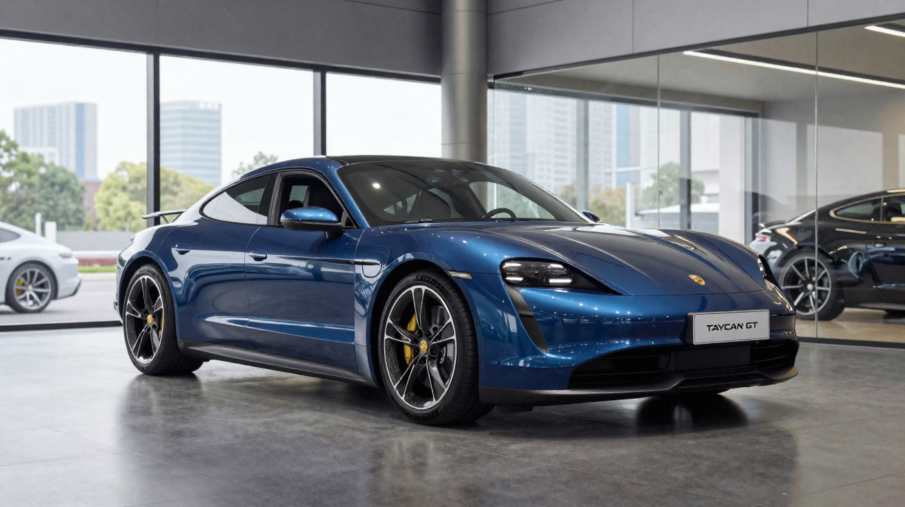 Carro desportivo elétrico Porsche Taycan GT azul estacionado em showroom moderno com janelas amplas.