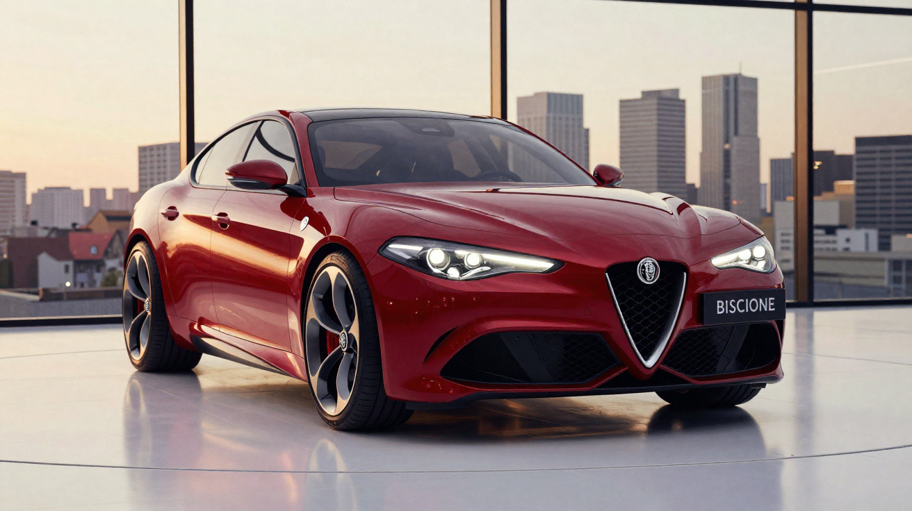 Carro desportivo vermelho Alfa Romeo estacionado em ambiente interior com vista para cidade moderna ao fundo.