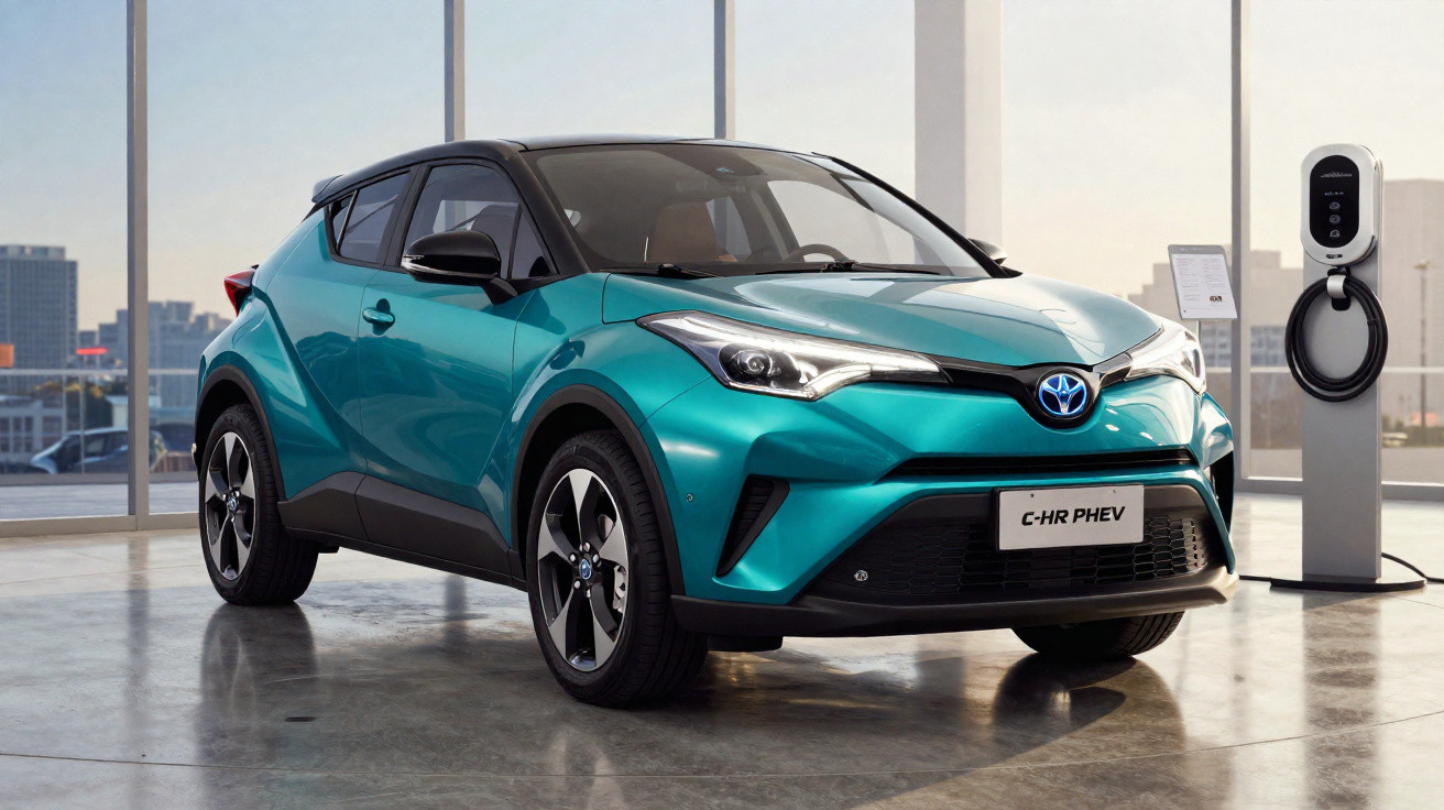 Carro elétrico Toyota C-HR PHEV verde num showroom com estação de carregamento à direita.