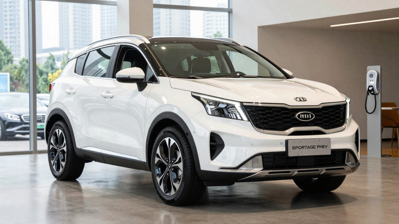 SUV branco Kia Sportage PHEV estacionado no interior de um showroom moderno.