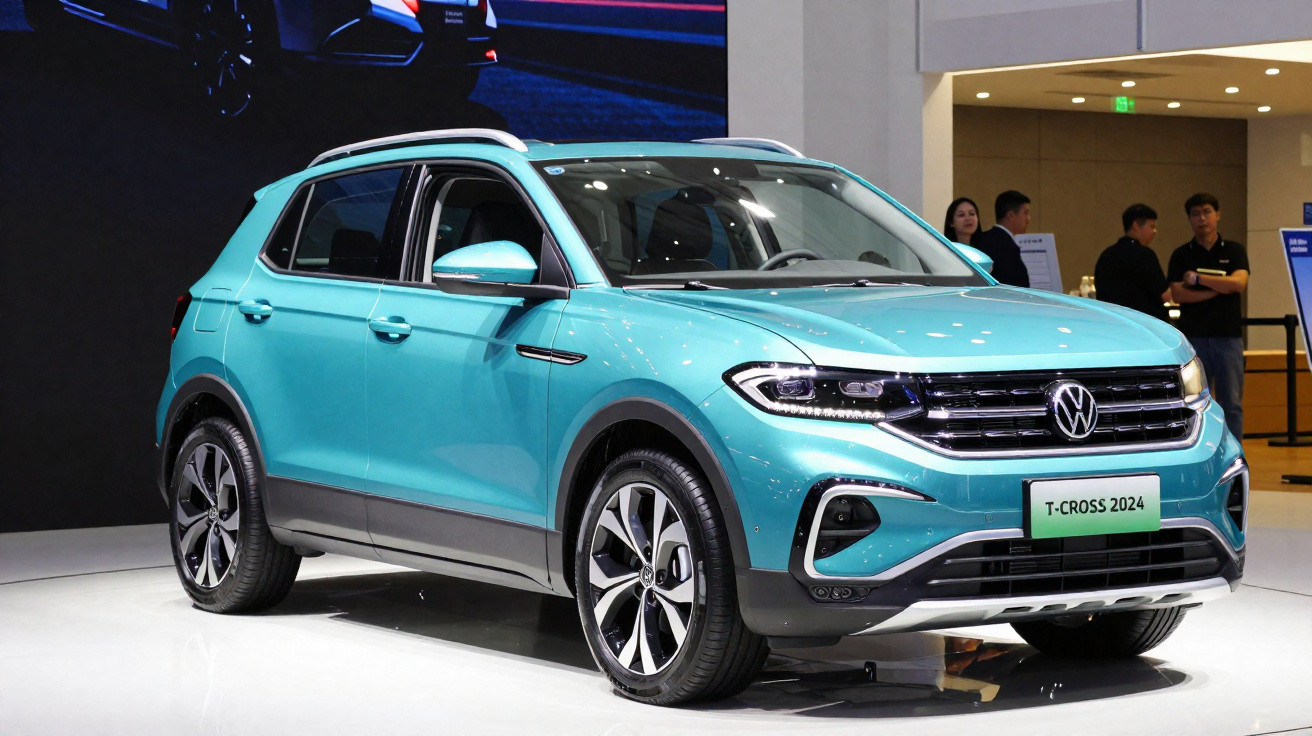 SUV Volkswagen T-Cross 2024 azul turquesa exposto em salão automóvel com fundo de pessoas e stand.