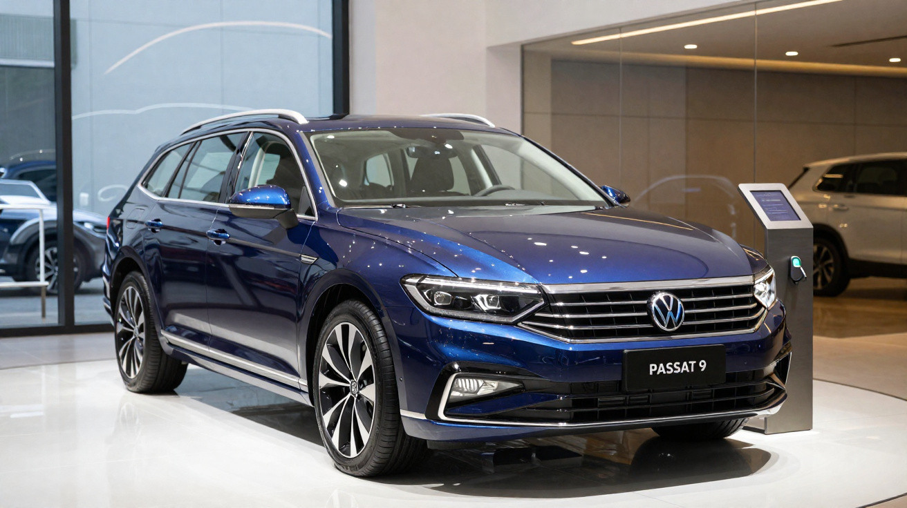 Carro Volkswagen Passat 9 azul escuro estacionado numa sala de exposição moderna.