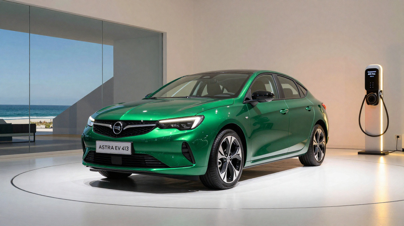 Carro elétrico verde Opel Astra EV 413 numa sala moderna junto a uma estação de carregamento.