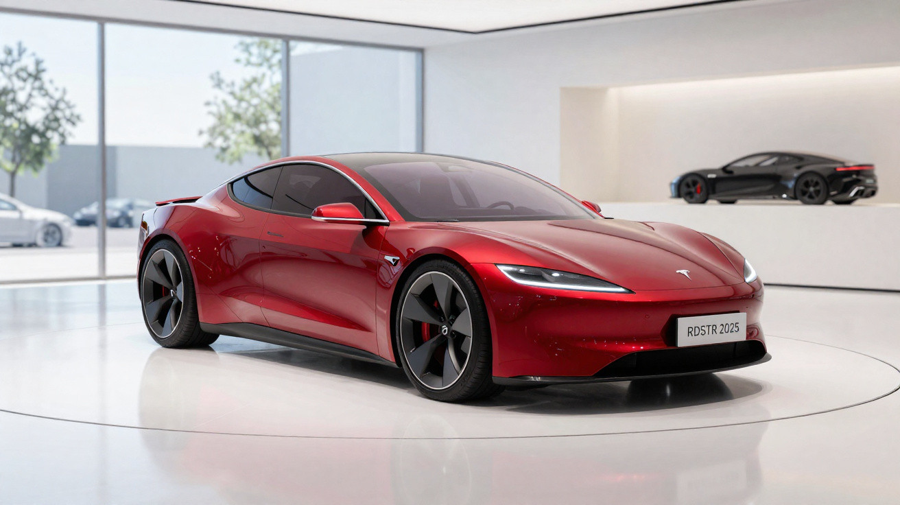 Carro desportivo elétrico vermelho Tesla RDSTR 2025 em exposição moderna com outro carro preto ao fundo.