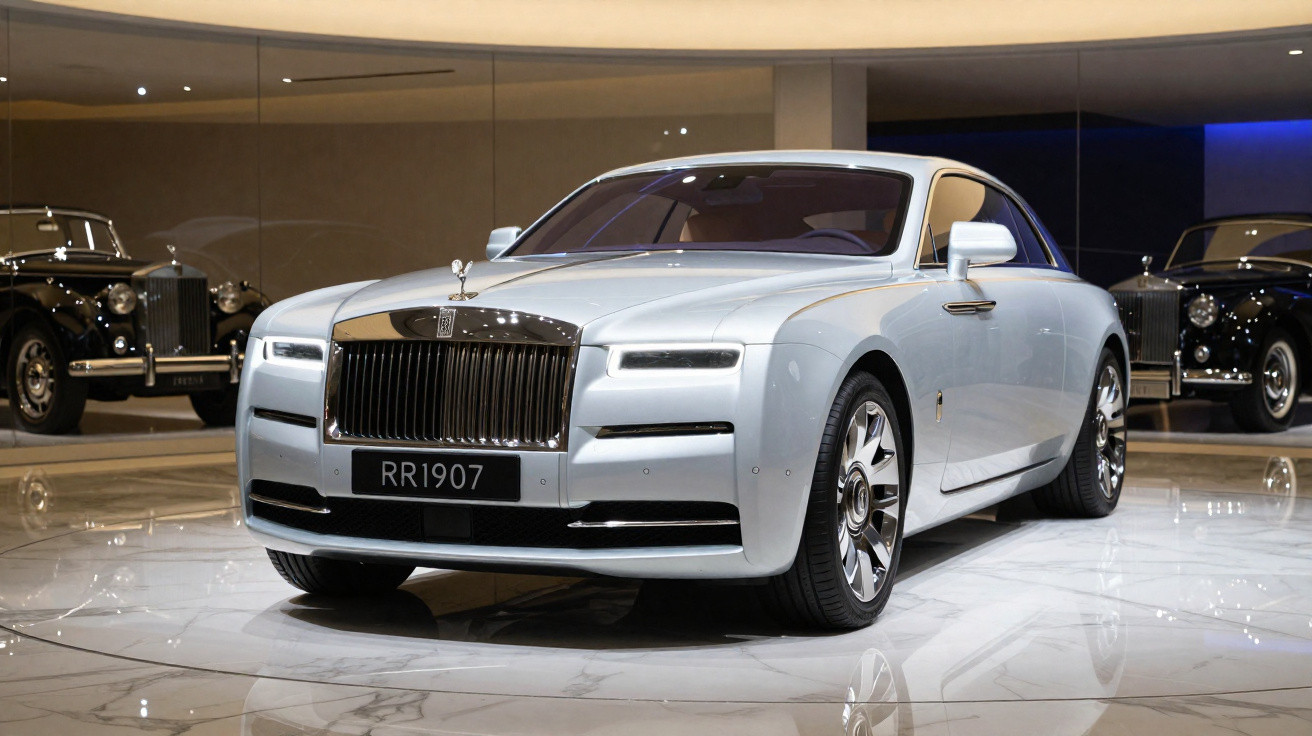 Carro de luxo Rolls-Royce branco exibido em salão com piso brilhante e automóveis clássicos ao fundo.