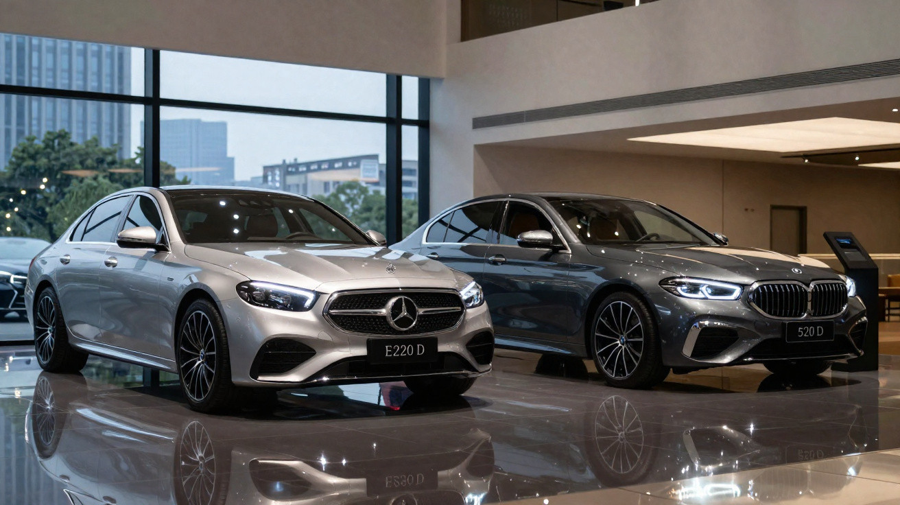 Dois carros de luxo, um Mercedes E220 D prateado e um BMW 520 D cinzento, exibidos em showroom moderno.