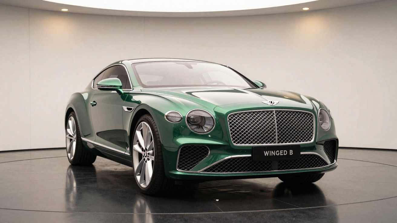 Carro desportivo de luxo verde Bentley estacionado em piso retroiluminado com painel branco de fundo.
