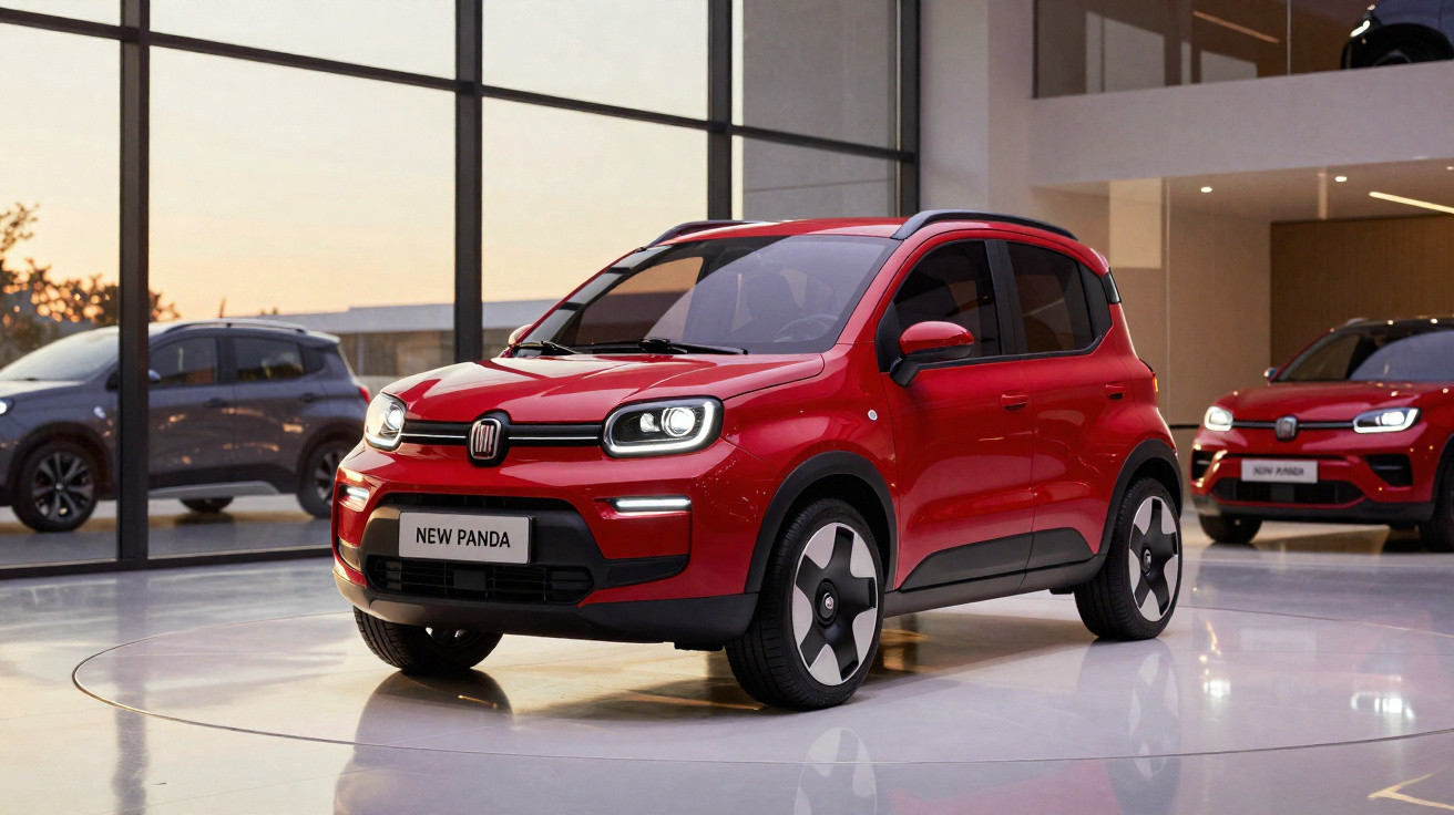 Carro vermelho Fiat New Panda estacionado em showroom moderno com vidro amplo e outro igual ao fundo.
