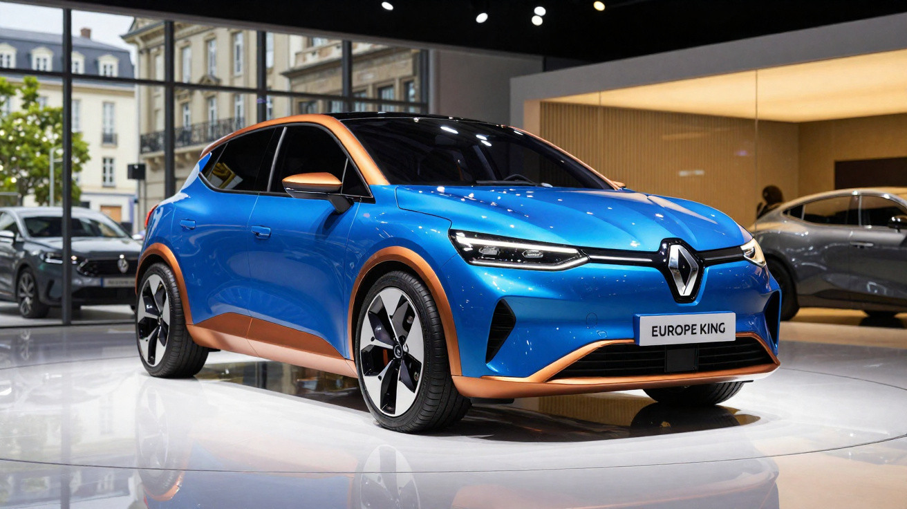 Carro elétrico Renault azul com detalhes laranja exposto em salão automóvel moderno.