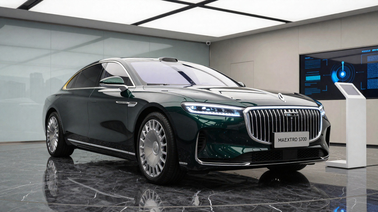 Carro de luxo elétrico Maextro S700 verde escuro em exposição num salão moderno.