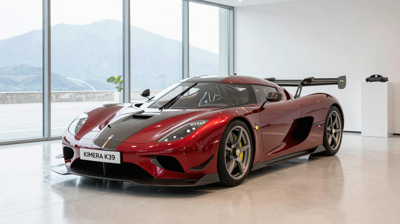 Carro desportivo vermelho Koenigsegg Kimera K39 numa sala com janelas grandes e vista para montanhas.