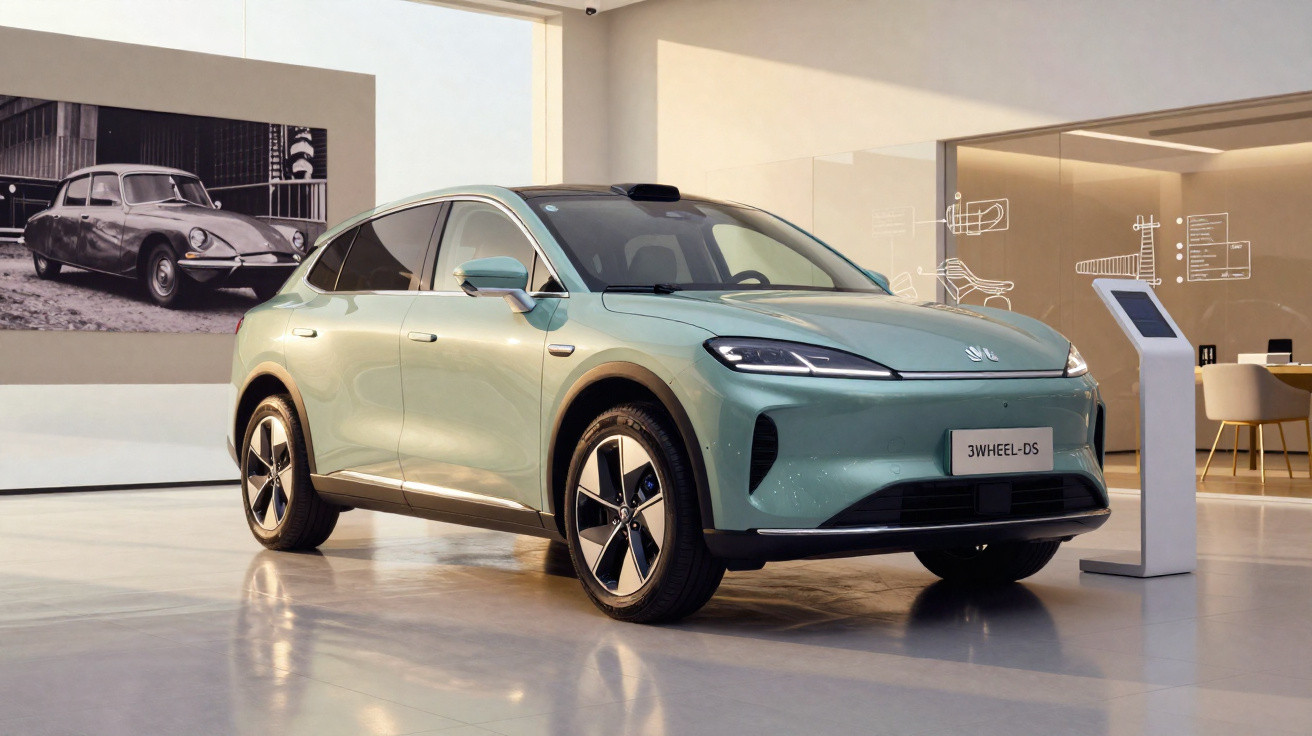 Carro elétrico moderno verde em exposição numa sala de visualização com iluminação suave e parede decorada.