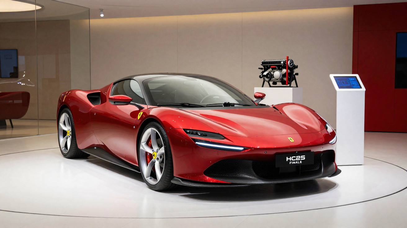 Carro desportivo vermelho Ferrari HC25 exposto em salão moderno com motor em pedestal ao fundo.