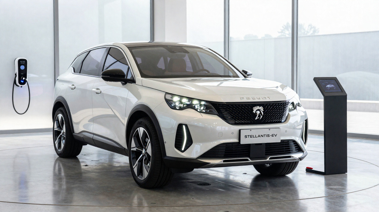 Carro elétrico compacto branco Peugeot Stellantis-EV em exposição com estação de carregamento ao lado interior.