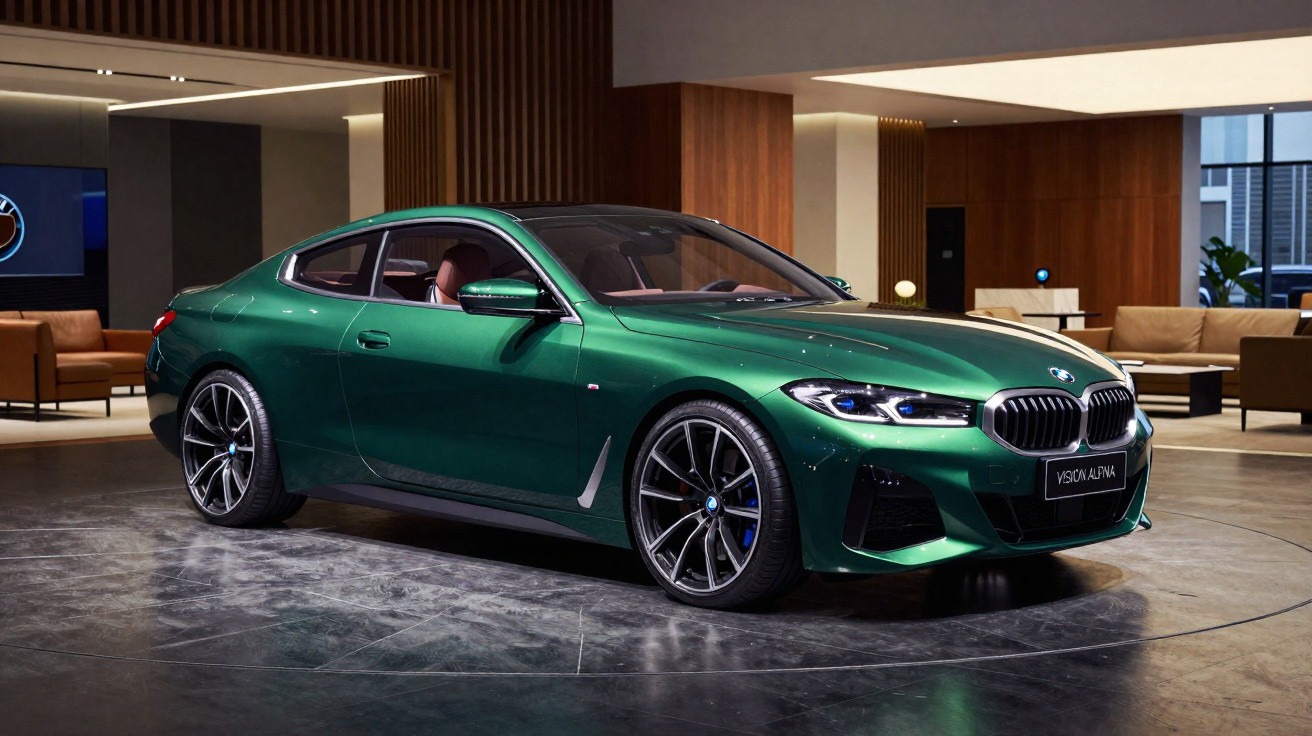 Carro desportivo BMW verde metálico com interior vermelho exposto num salão moderno e elegante.