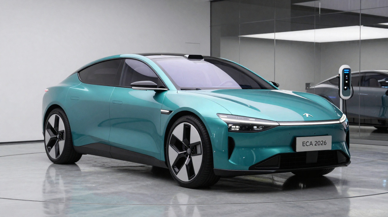 Carro elétrico desportivo verde água estacionado num showroom moderno com posto de carregamento.