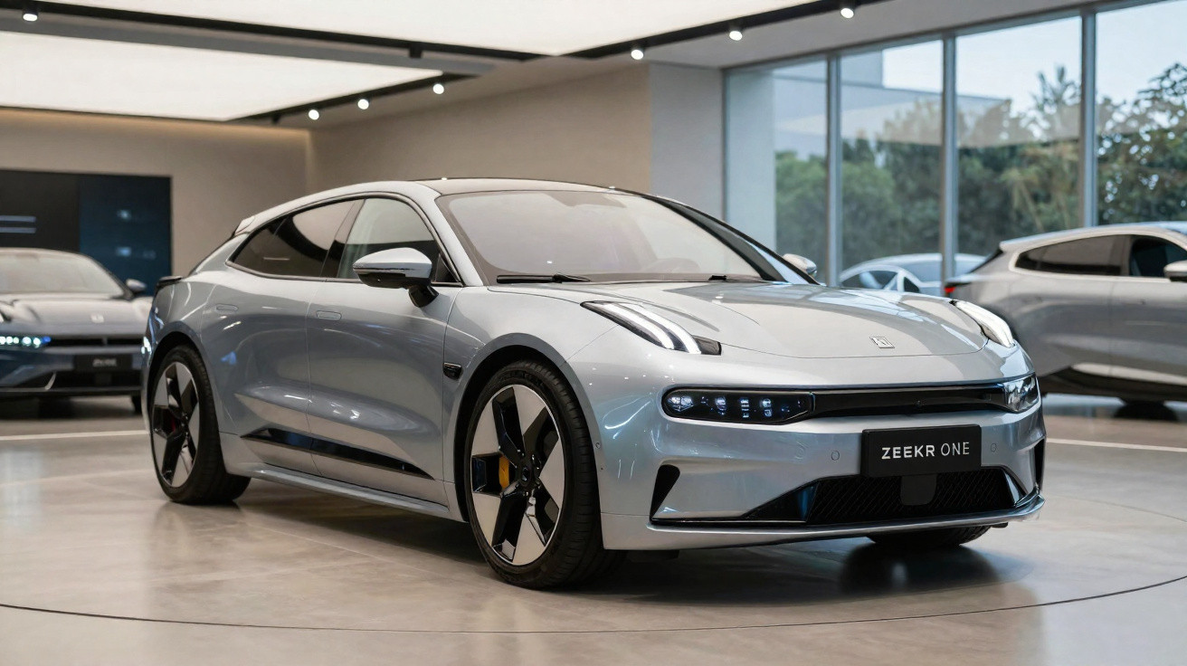 Carro elétrico moderno Zeekr One cinzento num salão de exposições com outras viaturas ao fundo.