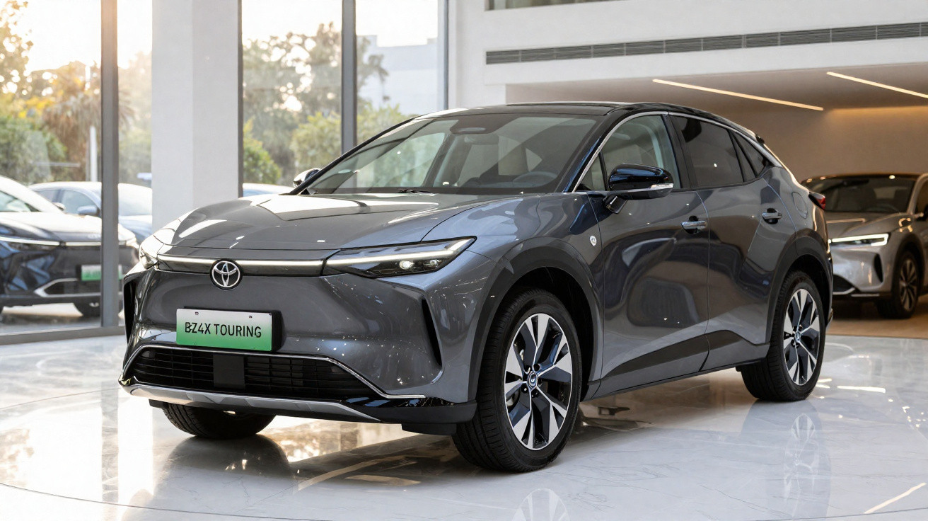 Automóvel Toyota BZ4X Touring cinzento exposto em showroom moderno e iluminado.